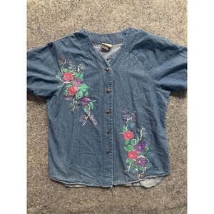 Vintage VISAGE Ladies Fashion Denim Floral Button Front Blouse Made in USA